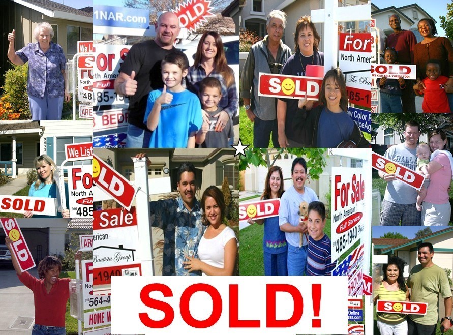Collage Photo of some of our Sellers with a Sold sign in front of their home.